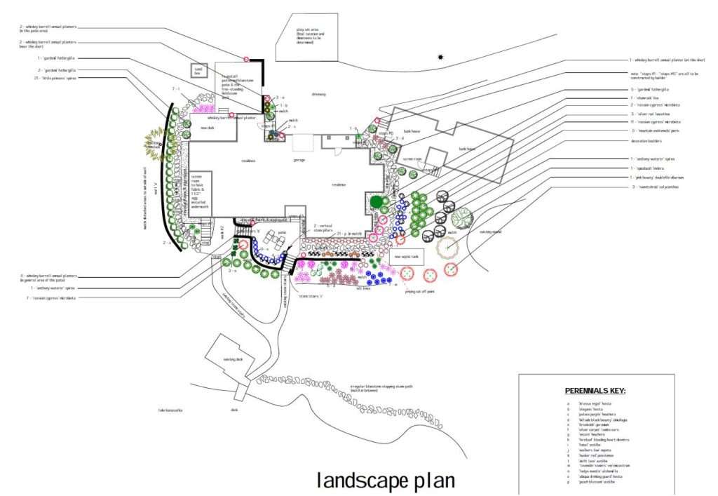 Custom residential landscape design plan featuring patios, walkways, plantings, and outdoor living spaces by Landscapes by Tom in New Hampshire